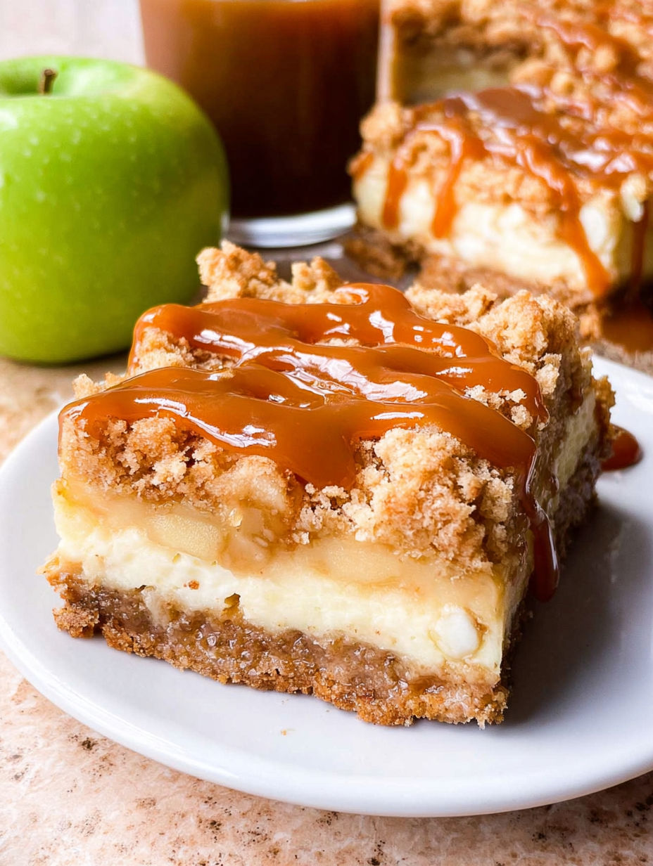 A slice of caramel apple cheesecake bars.