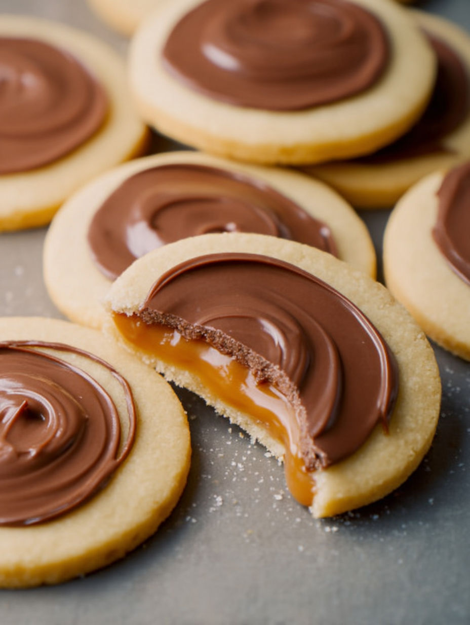 A cookie with chocolate drizzled on it.