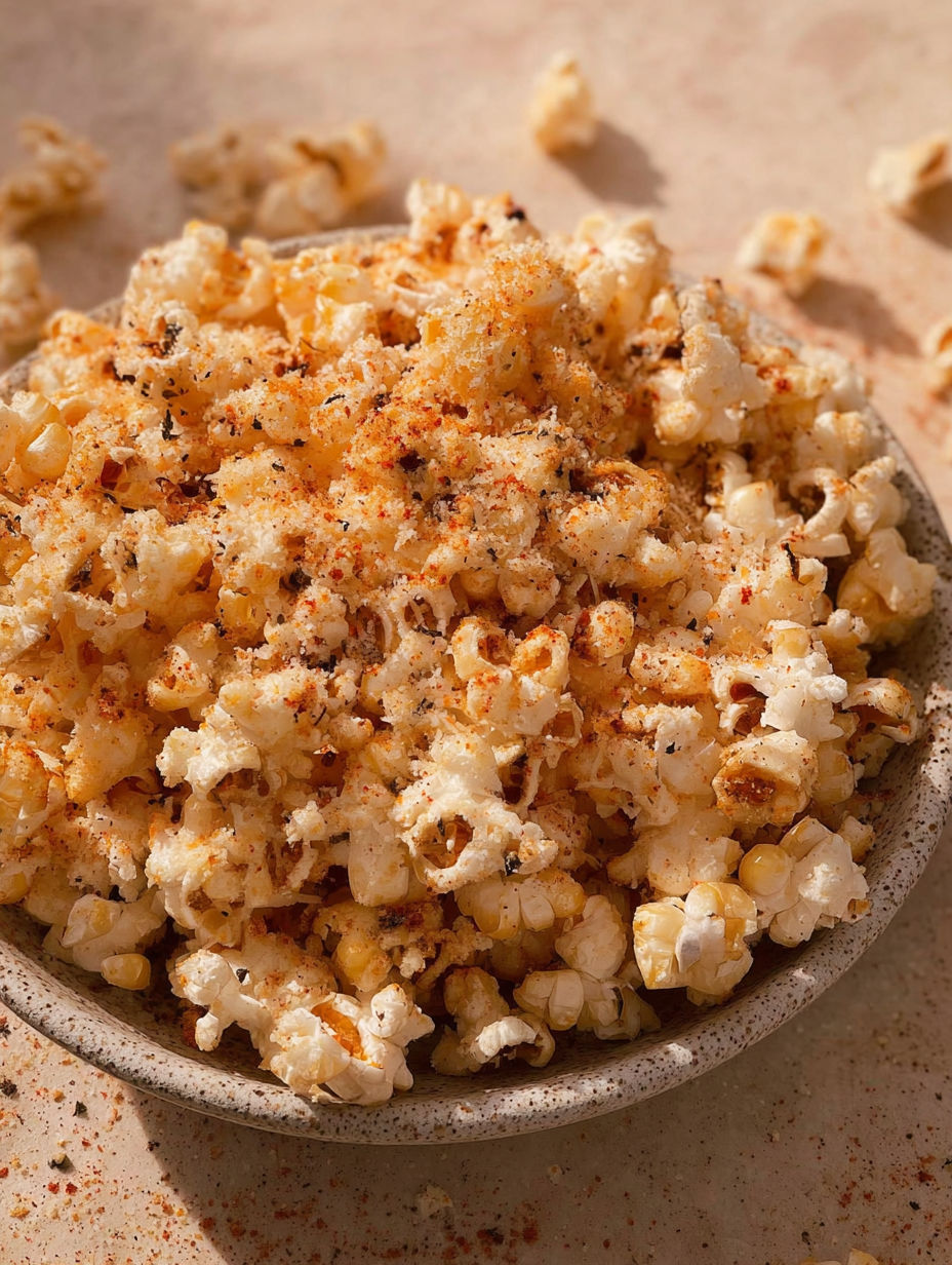 Bowl of buttery garlic parmesan popcorn.