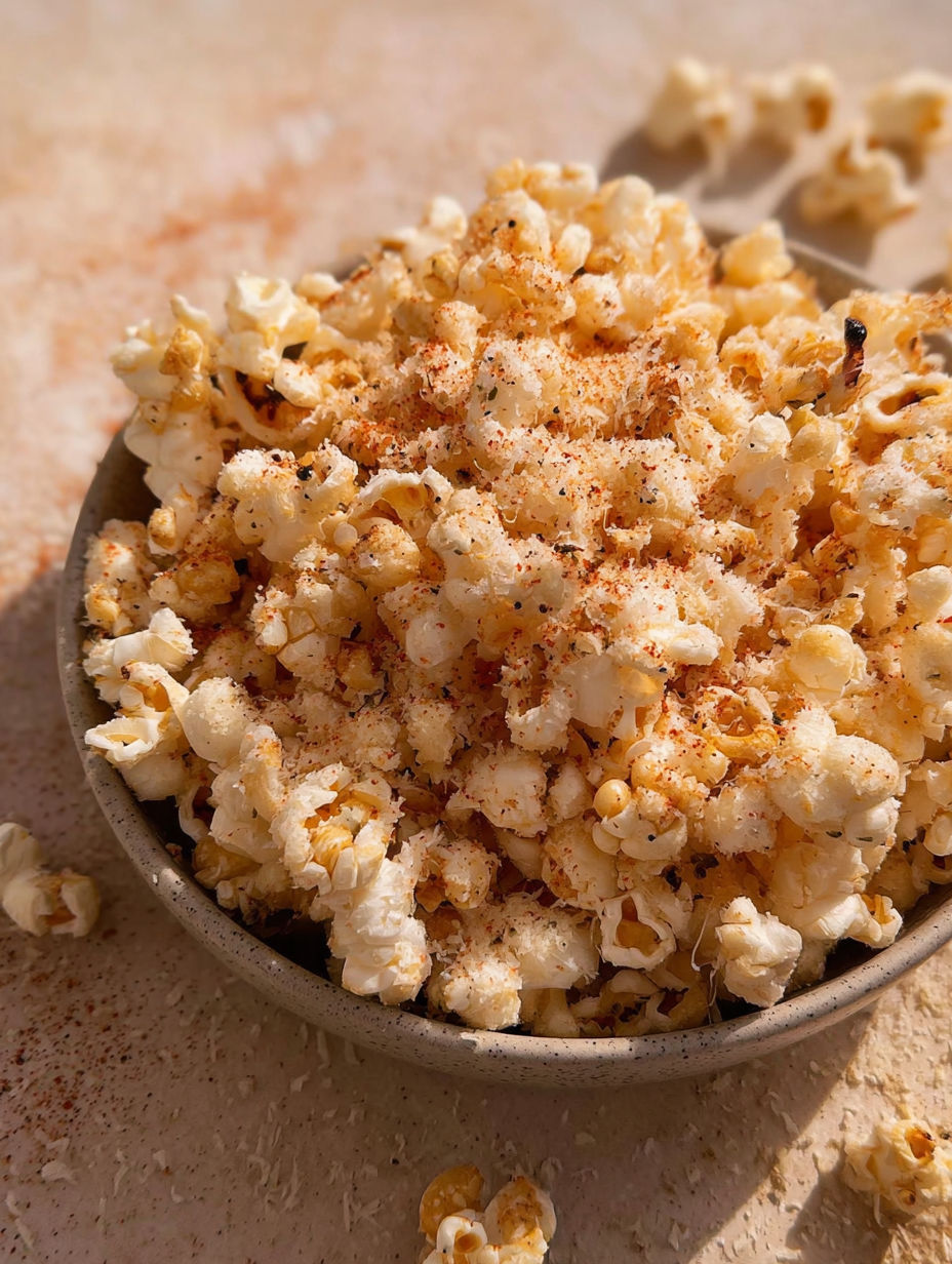 Popcorn with garlic and parmesan sprinkled on top.