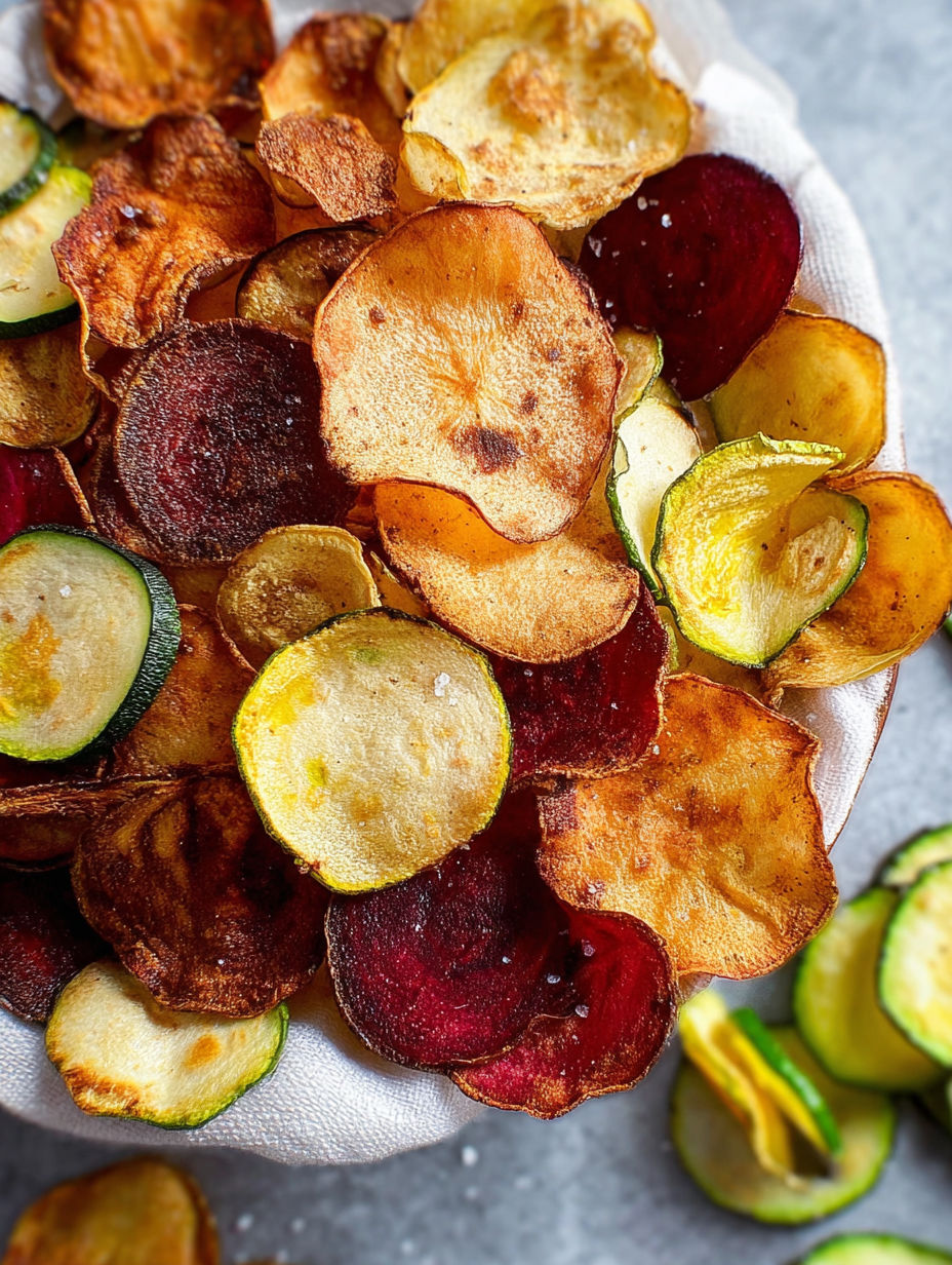 A plate of crispy baked vegetable chips.