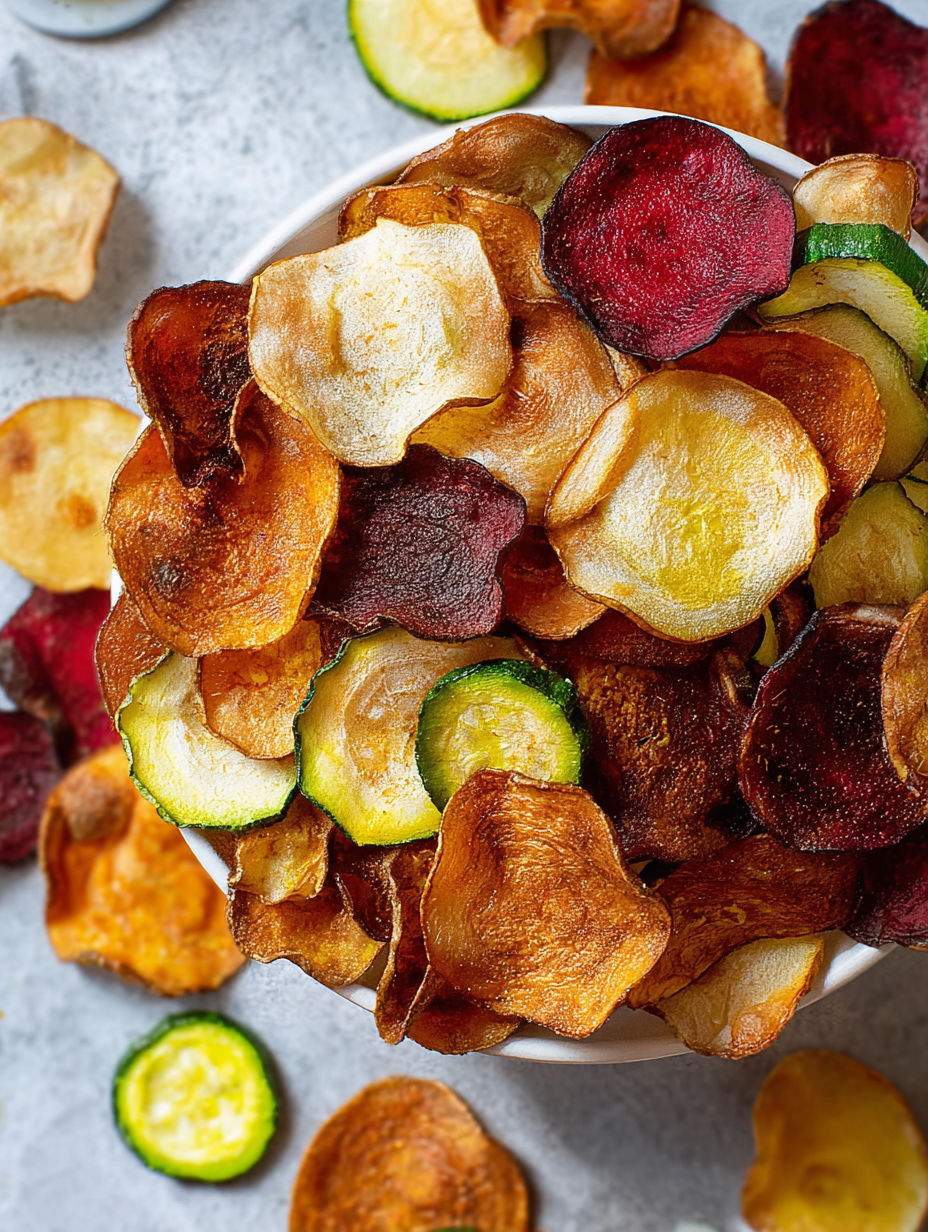 A bowl of crispy baked vegetable chips.