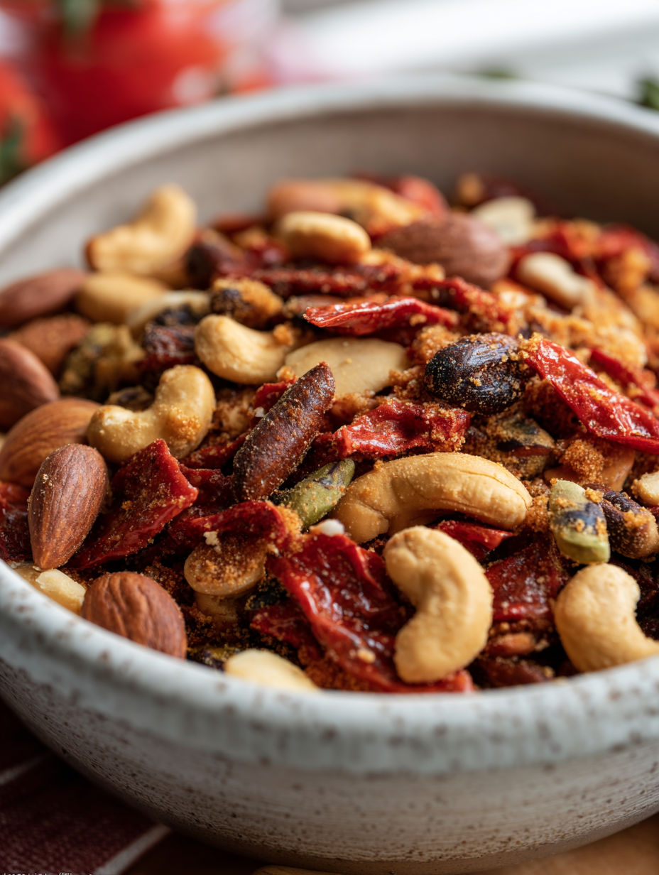 Bowl filled with pizza-themed trail mix.