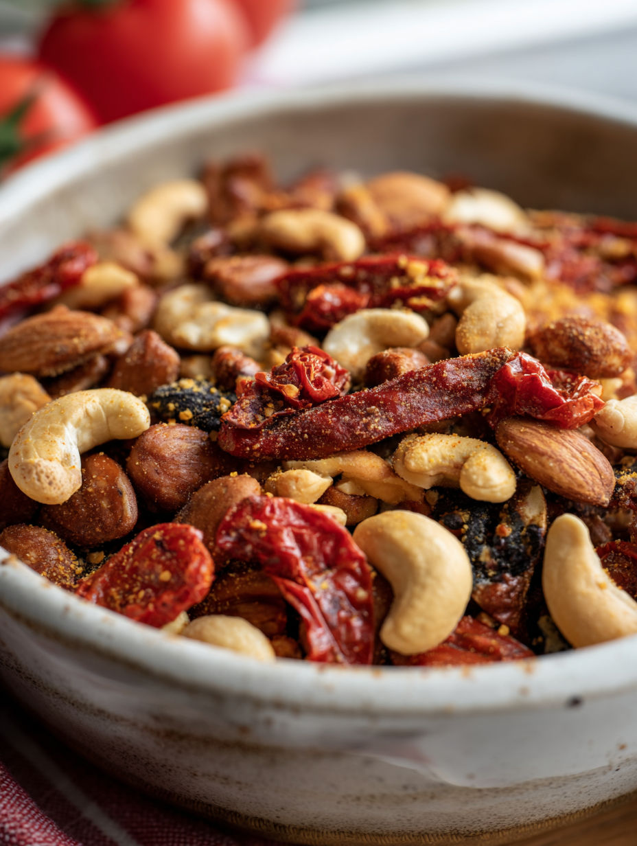 A bowl filled with mixed nuts and dried fruits.