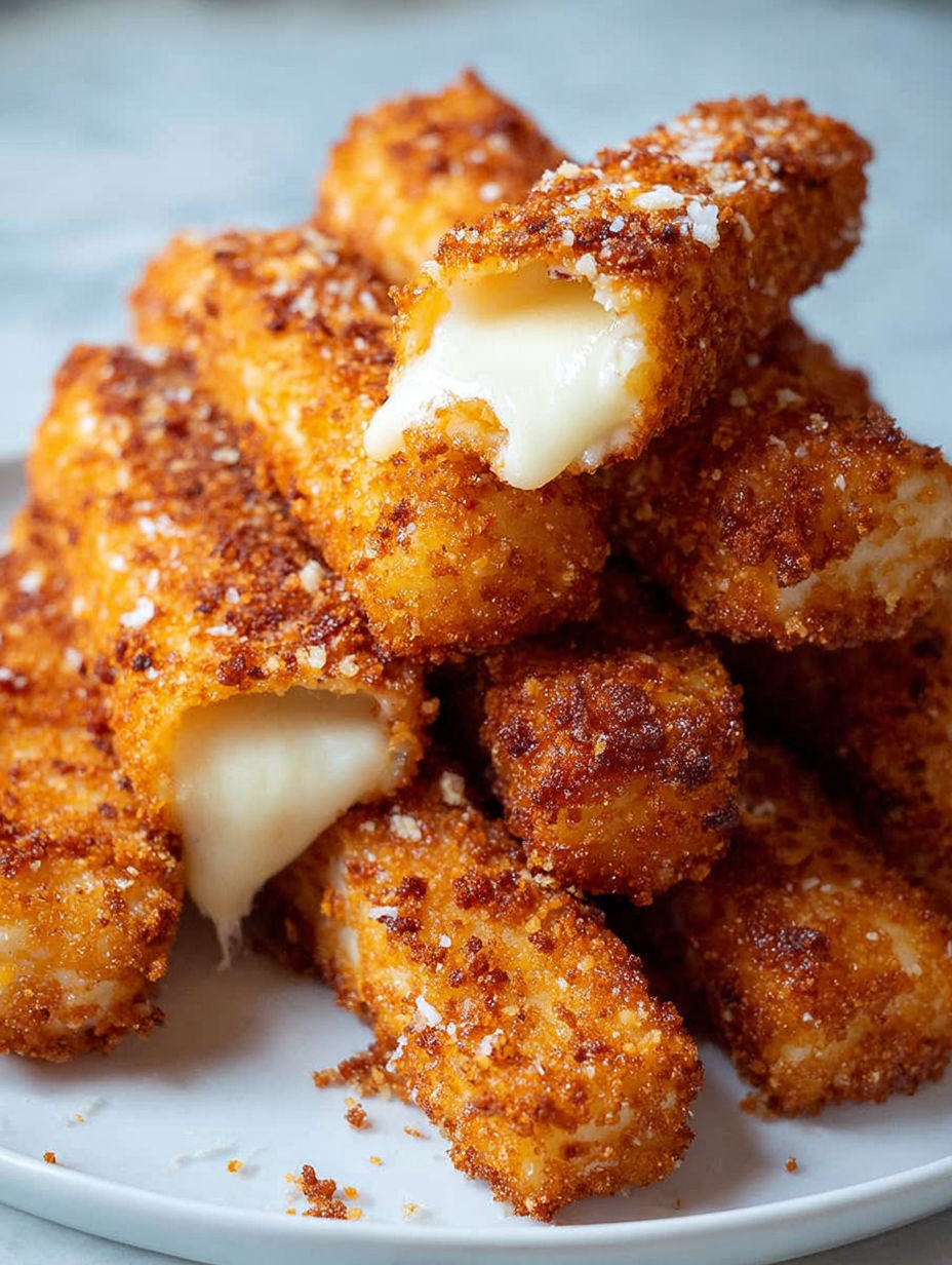 Melted mozzarella sticks stacked.