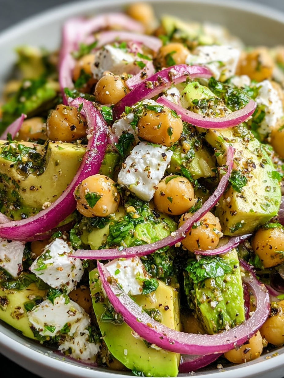 A salad made with chickpeas, feta cheese, avocado, and onions.