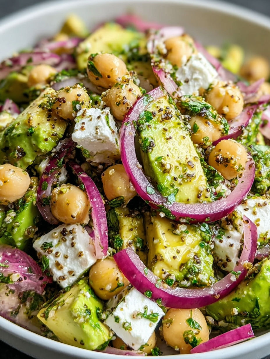 A salad made with chickpeas, feta cheese, and avocado.