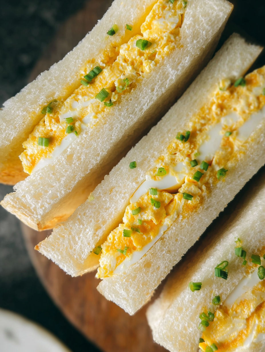 A Japanese egg sandwich with green onions.