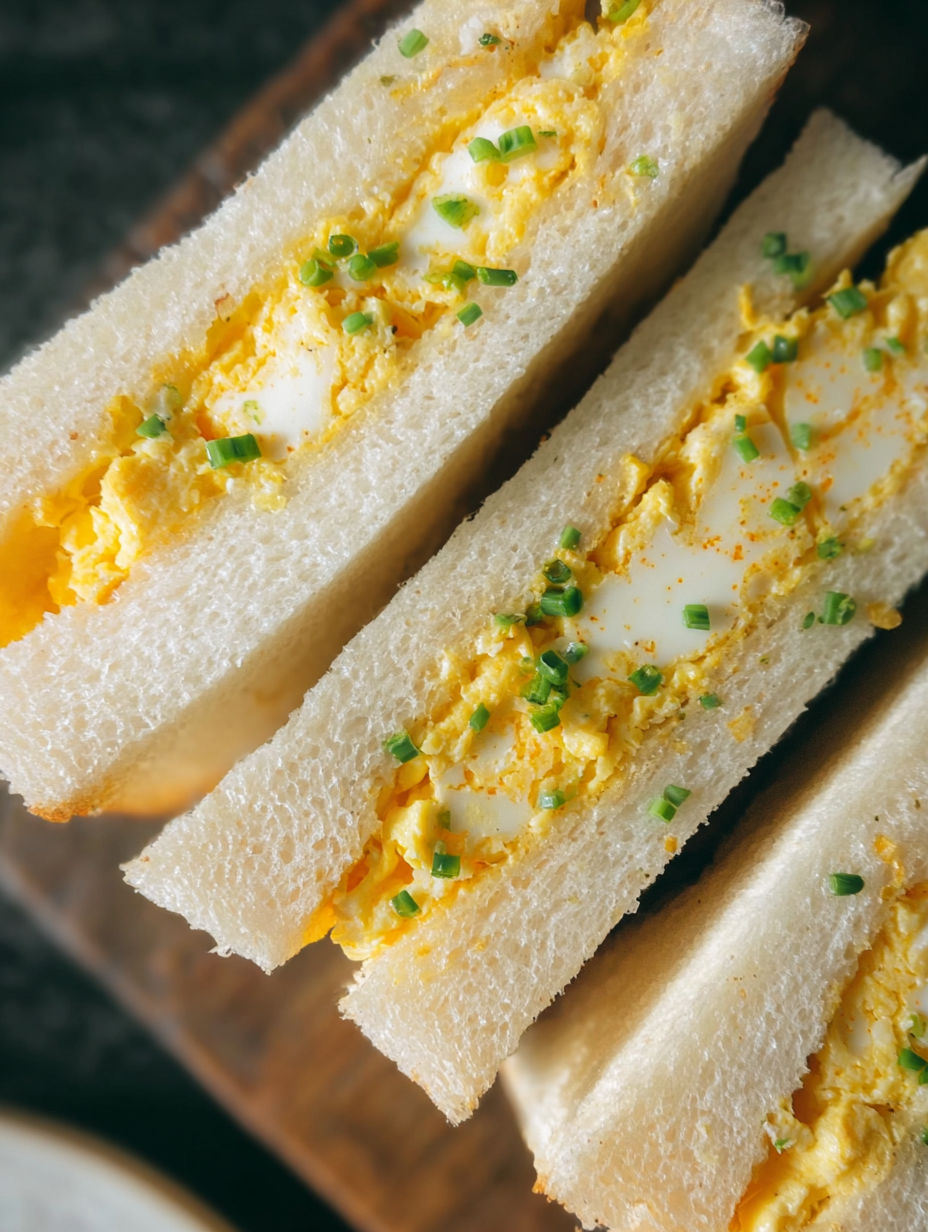 A Japanese egg sandwich with a slice of egg and a slice of cheese.