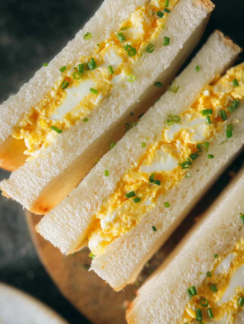 A Japanese egg sandwich with green onions.