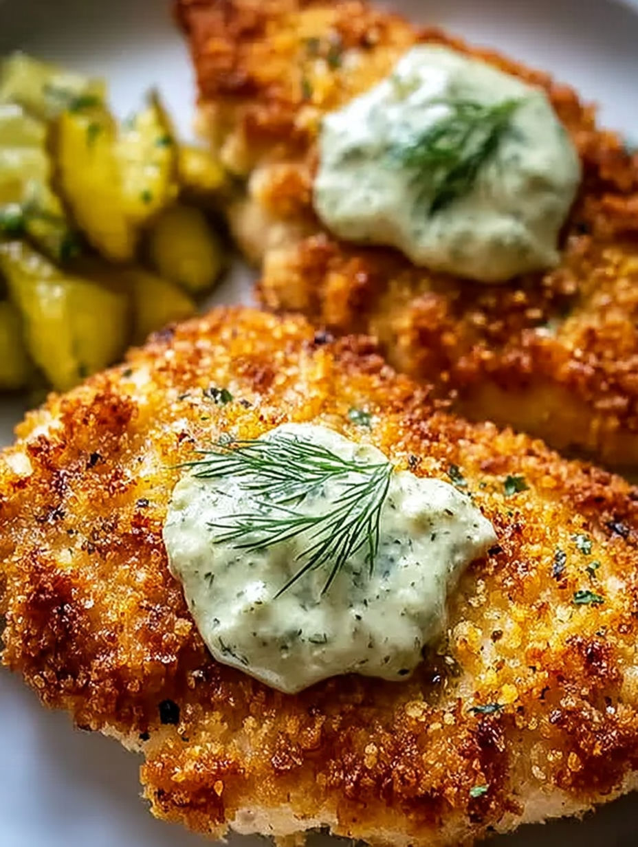 A piece of chicken with a white sauce on top.