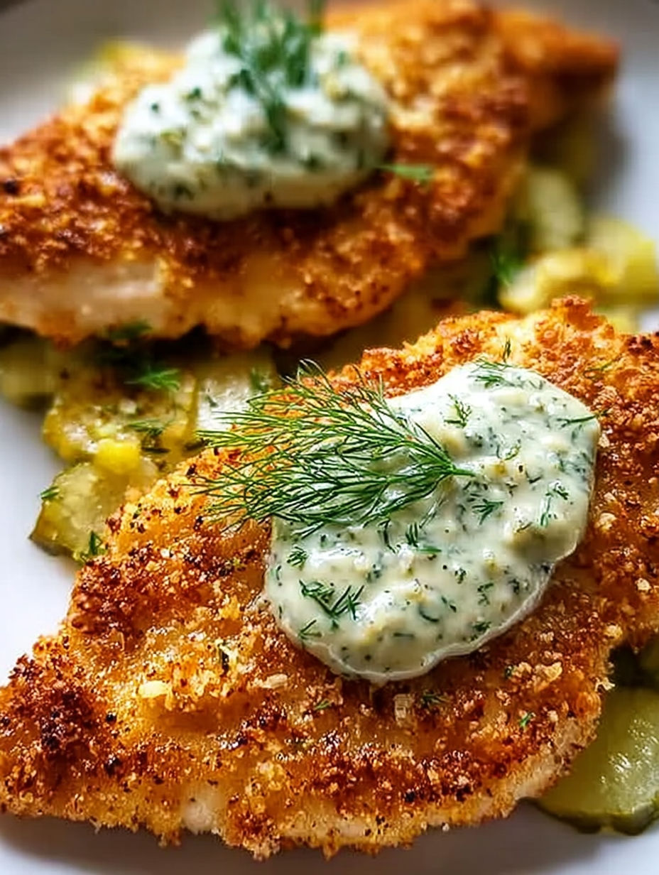 A piece of crispy dill pickle parmesan chicken.