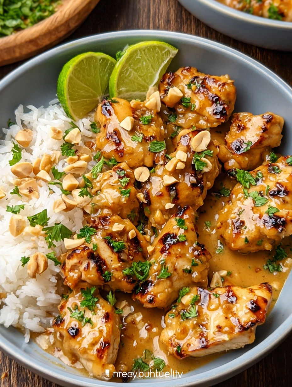 A bowl of Thai Peanut Chicken with rice.