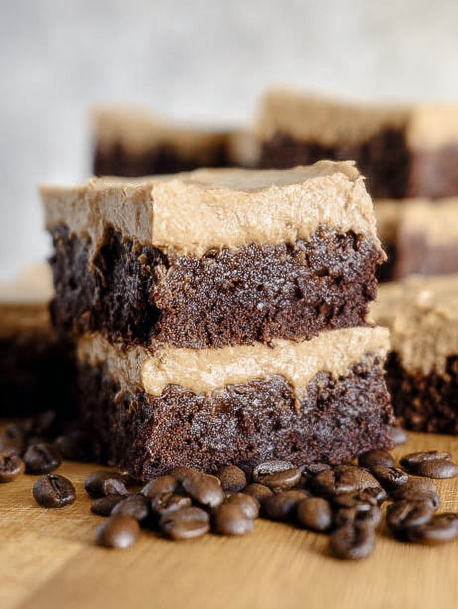 Brownies topped with chocolate icing and coffee beans.