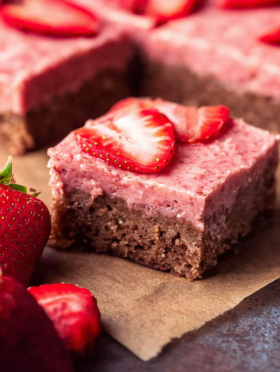 A slice of strawberry brownies with a strawberry on top.