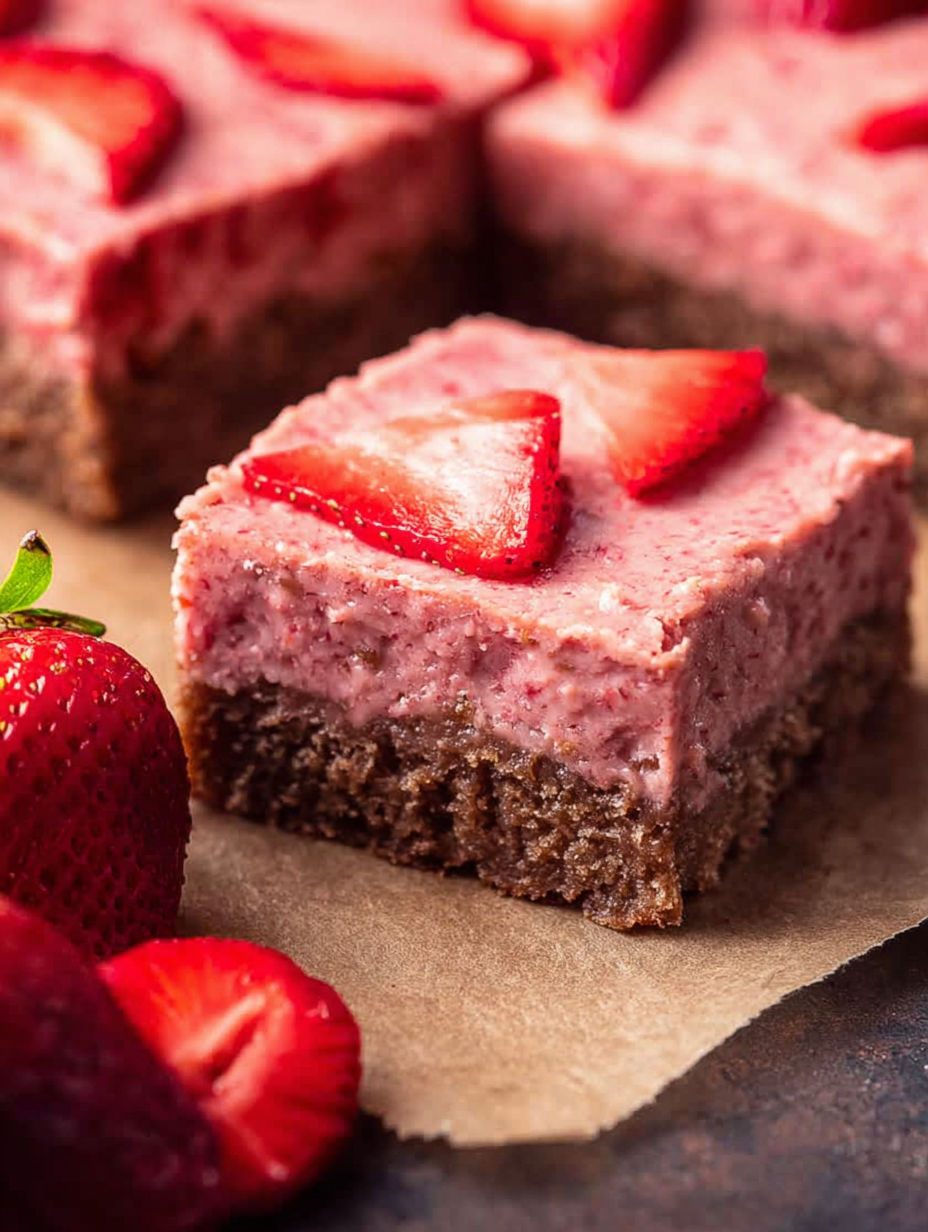 A slice of strawberry brownie with a strawberry on top.