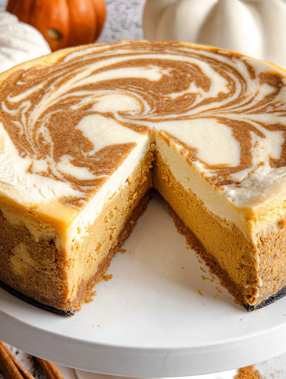 A slice of pumpkin swirl cheesecake.