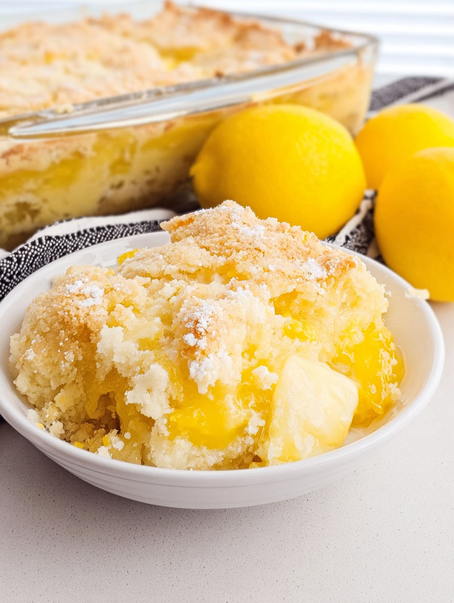 A bowl of lemon dump cake with a spoon in it.