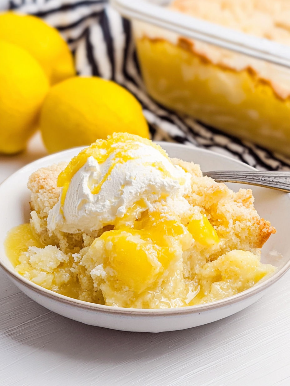 A bowl of lemon cake with whipped cream on top.