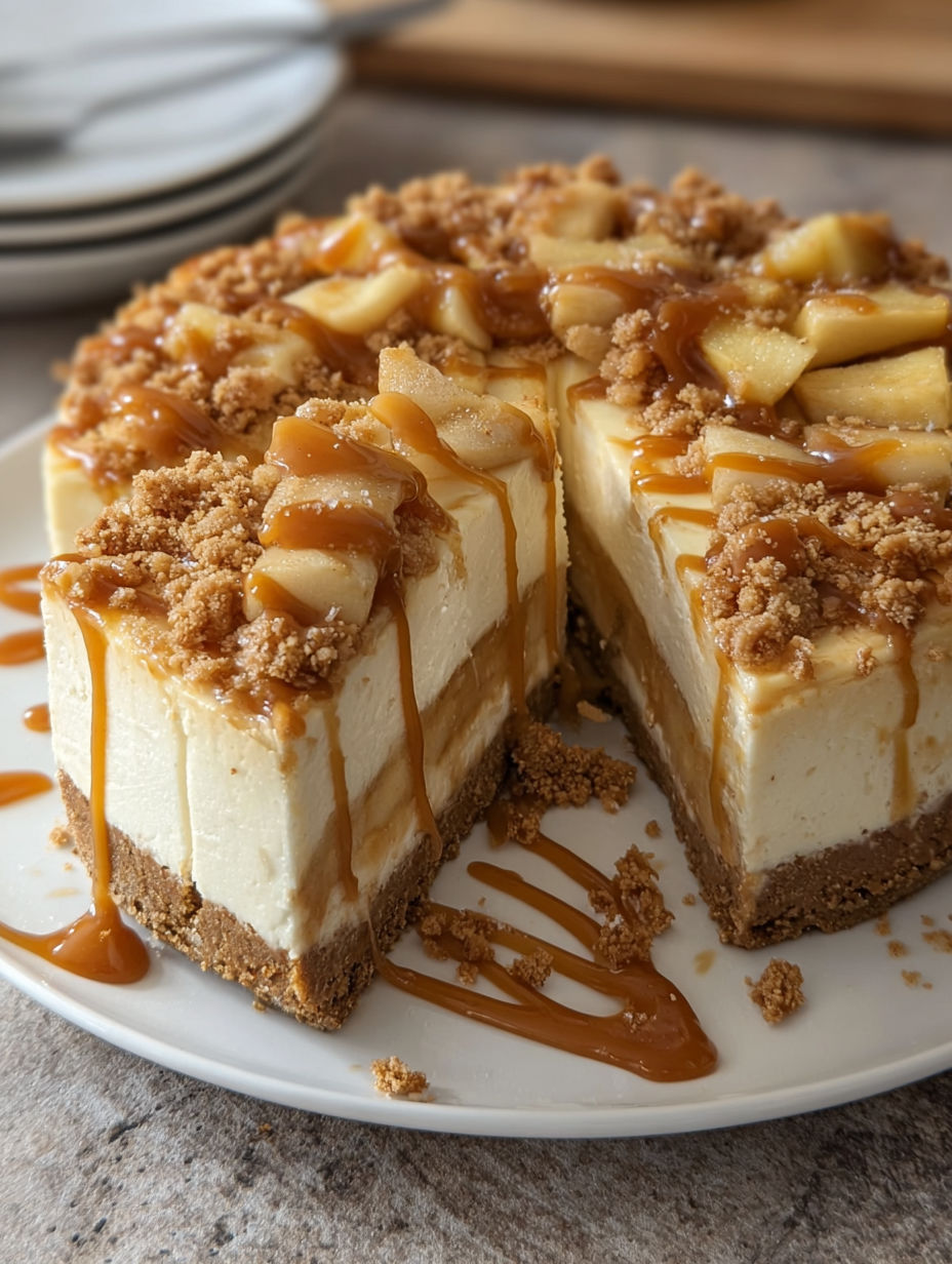 A slice of salted caramel apple pie cheesecake.