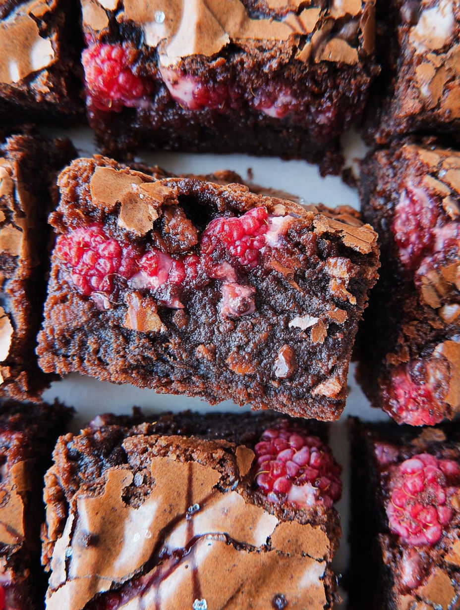 Close up shot of chocolate brownie topped with fresh raspberries.