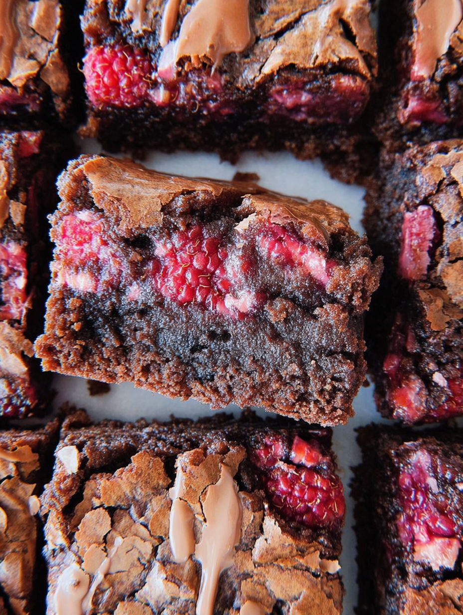 Close up of chocolate brownie with raspberries on top.