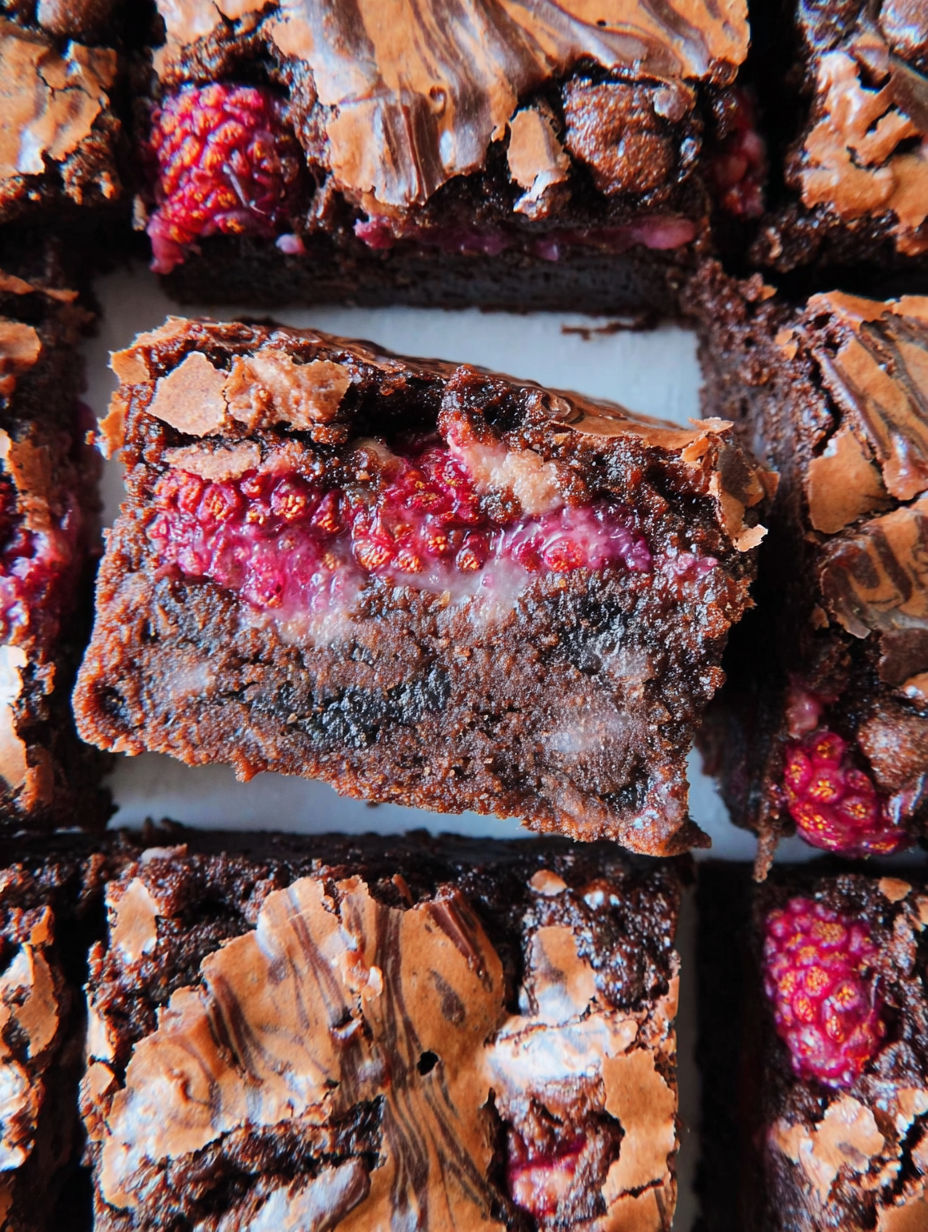 Close up of chocolate cake slice with raspberry topping.