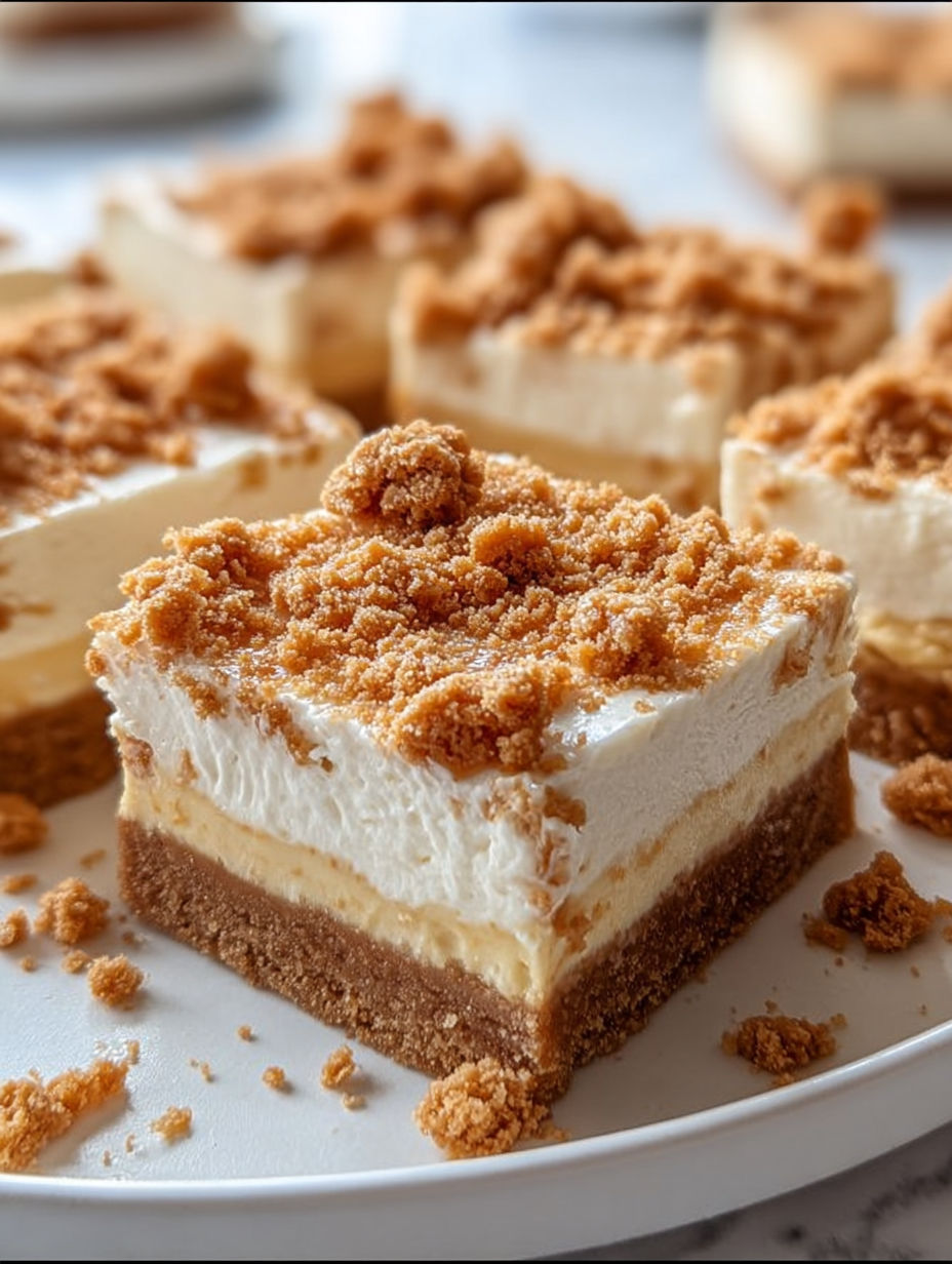 Close up of a slice of butterscotch graham cracker cheese bars.