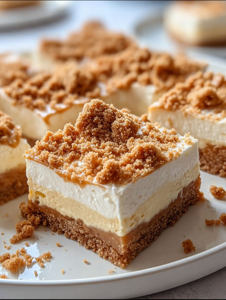 A slice of butterscotch graham cracker cheesecake bars.