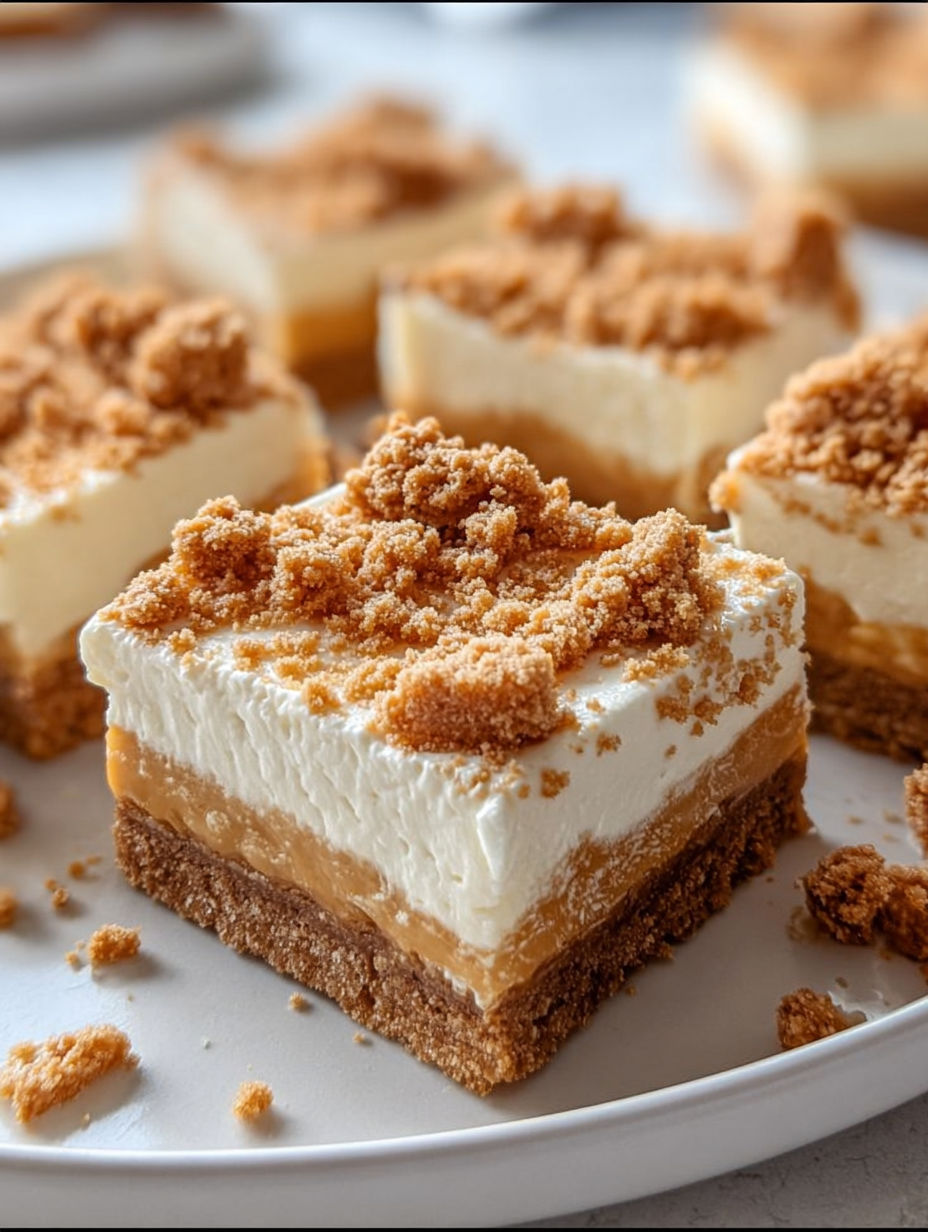 A plate of butterscotch graham cracker cheesecake bars.