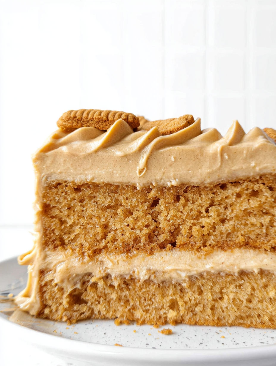 A slice of Biscoff cake with frosting.