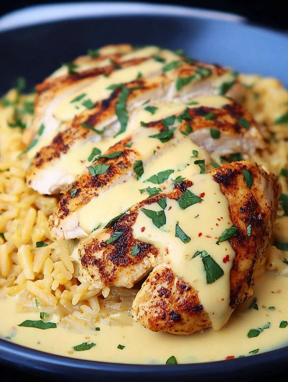 A piece of chicken with cheese sauce on top.