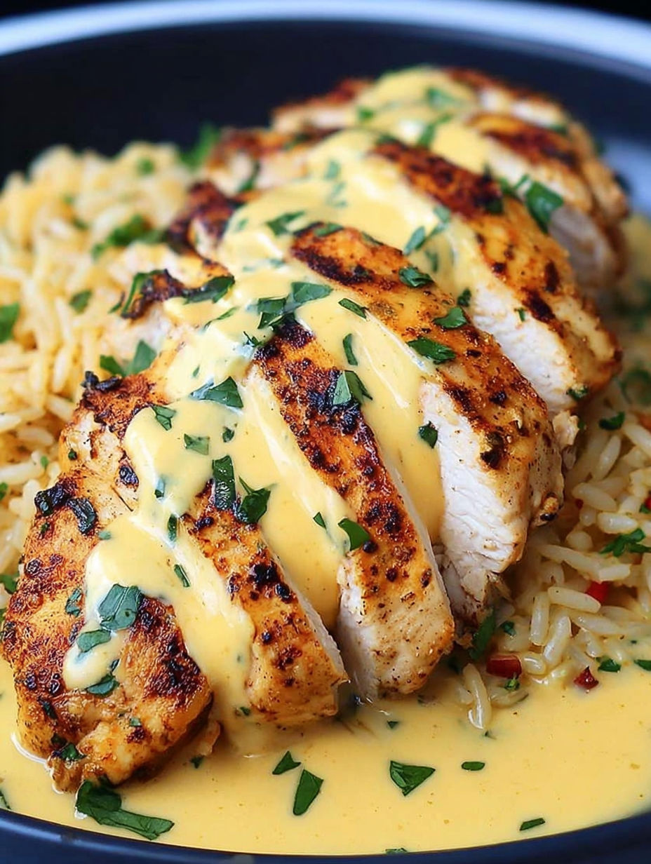 A piece of chicken with cheese sauce on top.