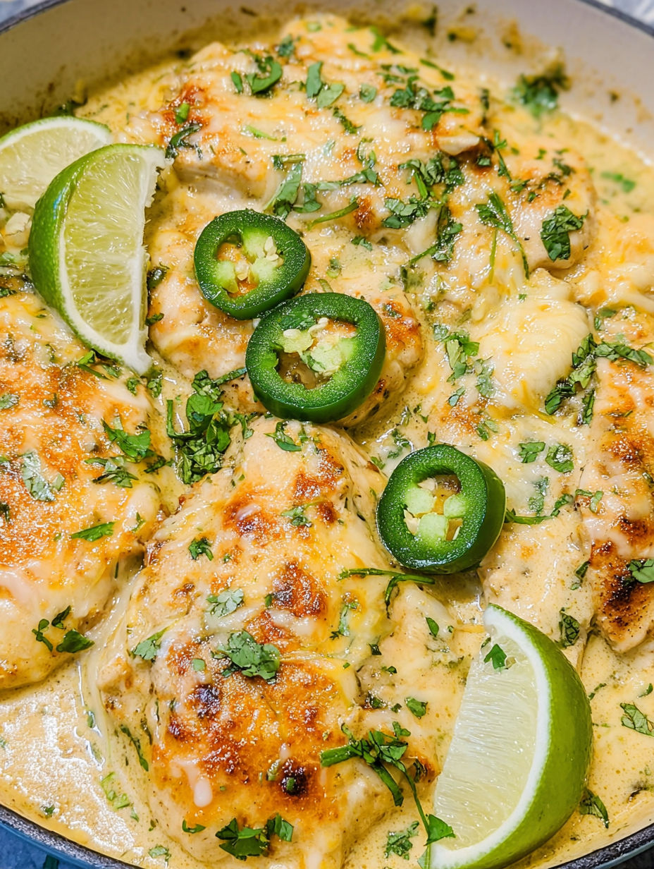 A skillet with chicken and jalapenos.
