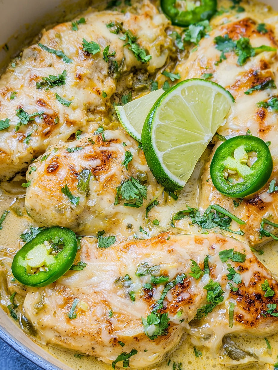 A skillet of chicken with jalapenos and limes.