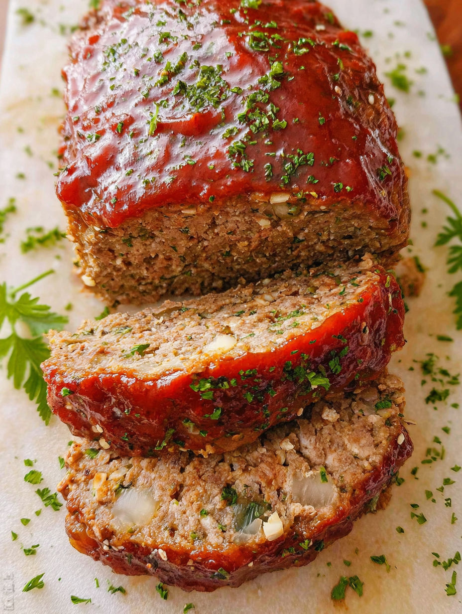 A piece of meatloaf with a brown sauce.