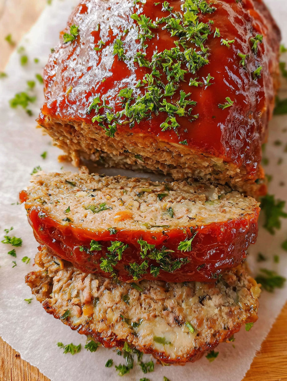 A slice of meatloaf with green herbs on top.