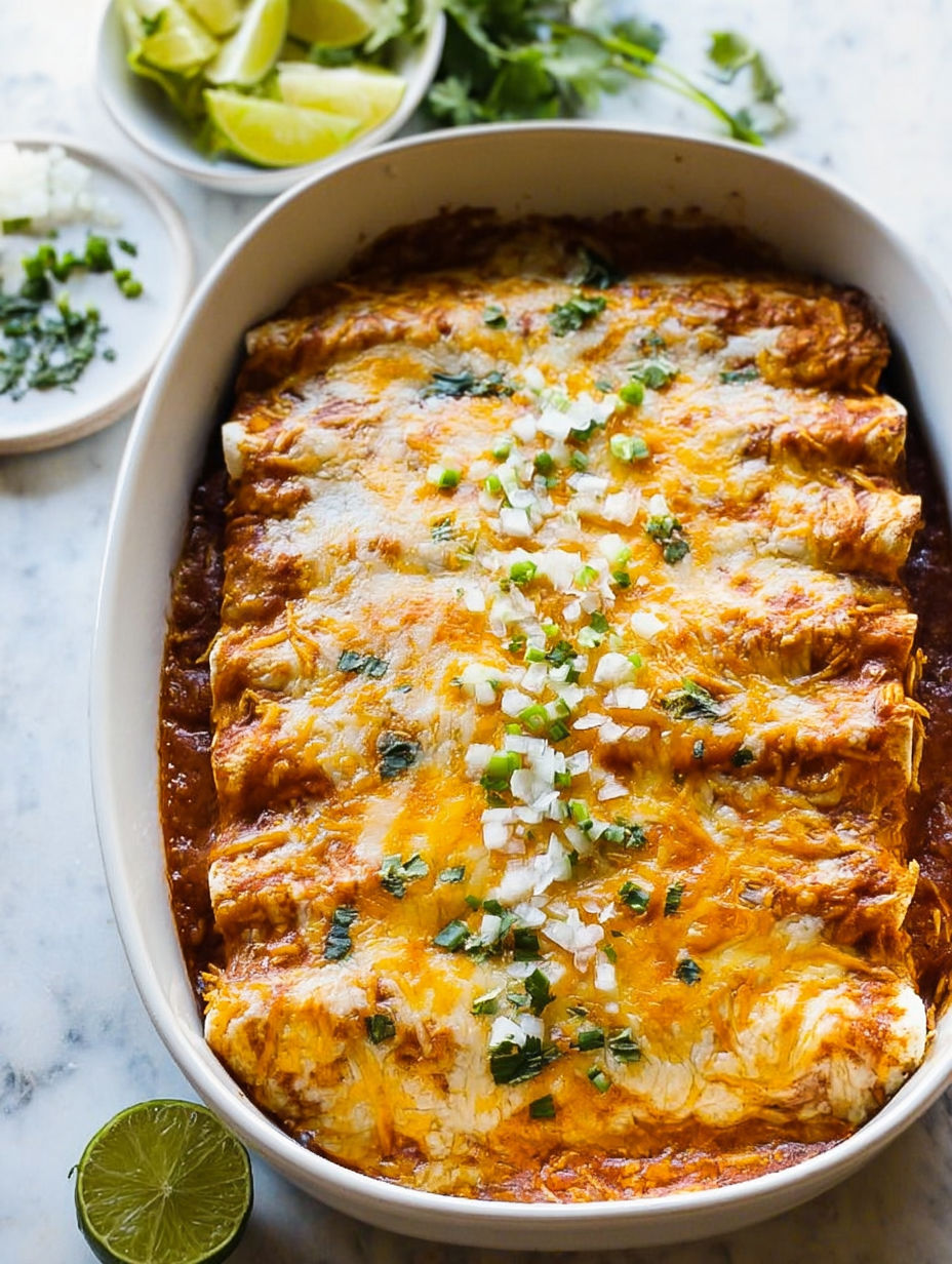 A white bowl filled with chicken enchiladas.