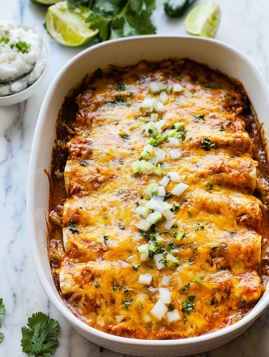 A white bowl filled with chicken enchiladas.