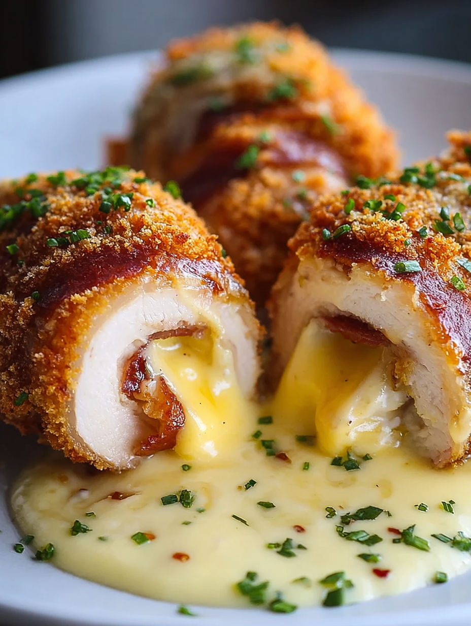 A piece of chicken cordon bleu with swiss cheese sauce.