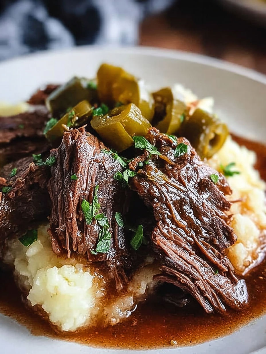 Plate of Mississippi Pot Roast served with green peppers.