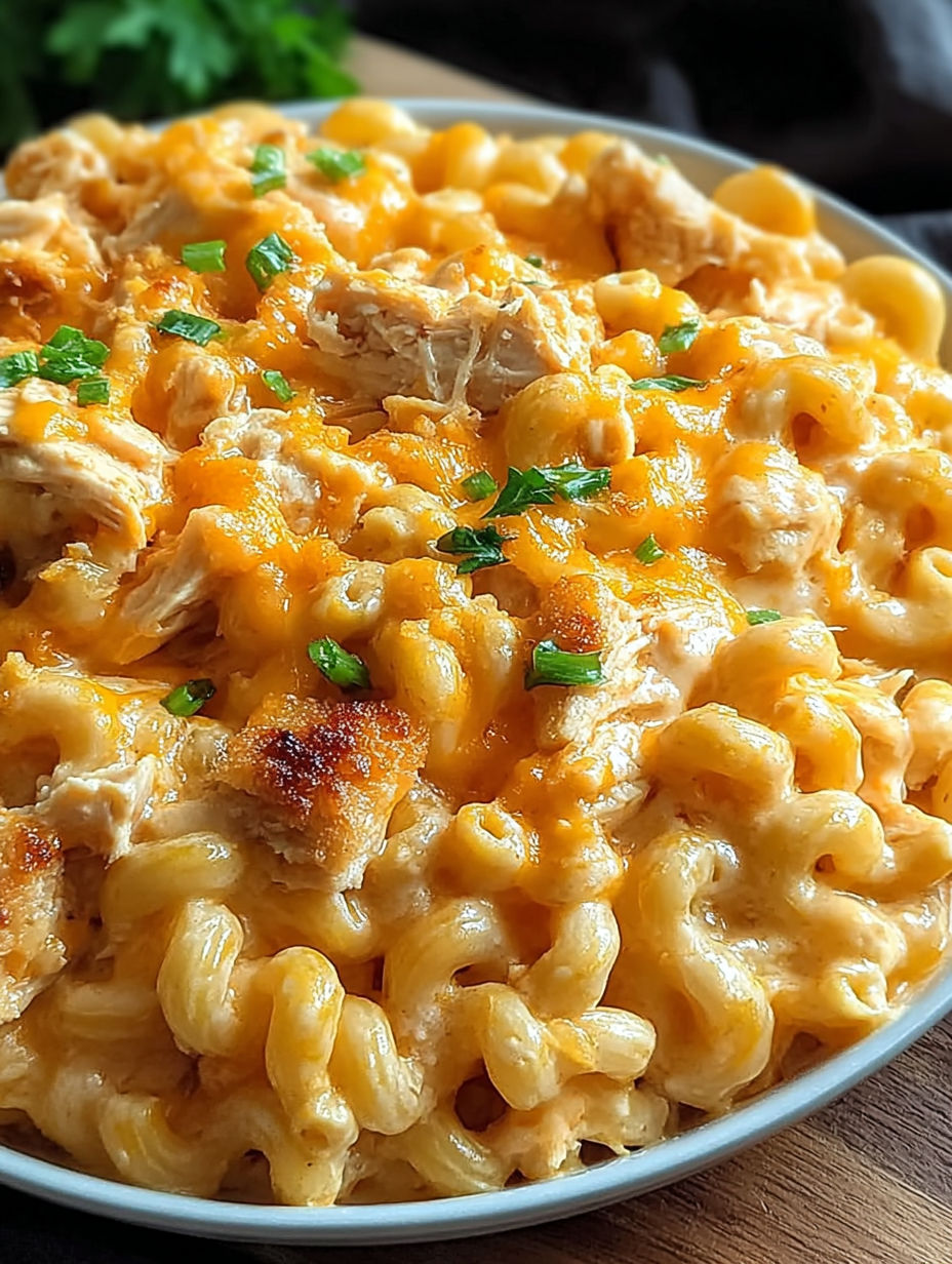 A plate of mac and cheese with chicken.