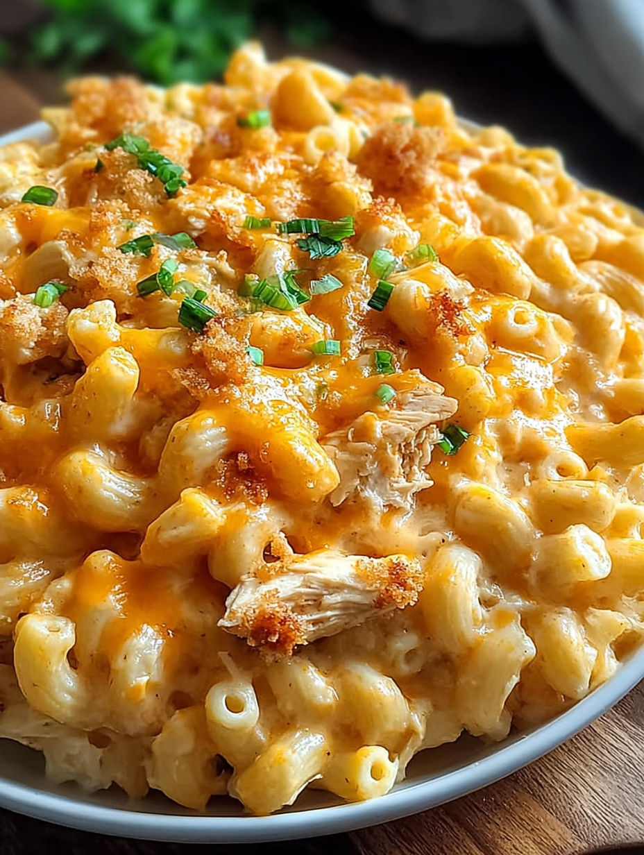 A plate of mac and cheese with chicken.