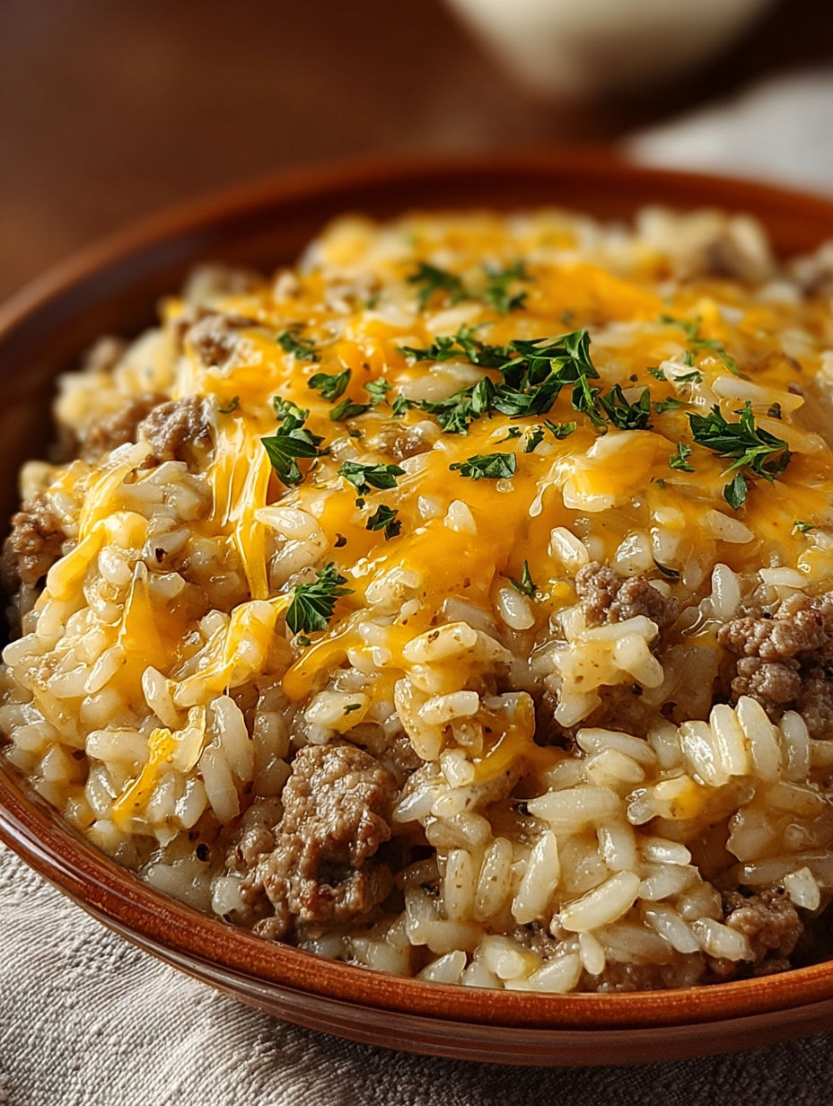 A bowl of rice with cheese and meat.
