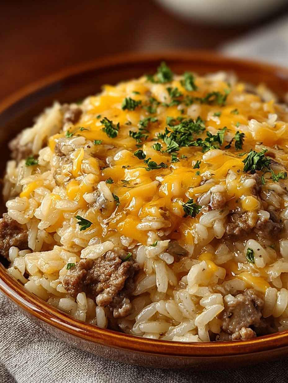 A bowl of rice with cheese and meat.