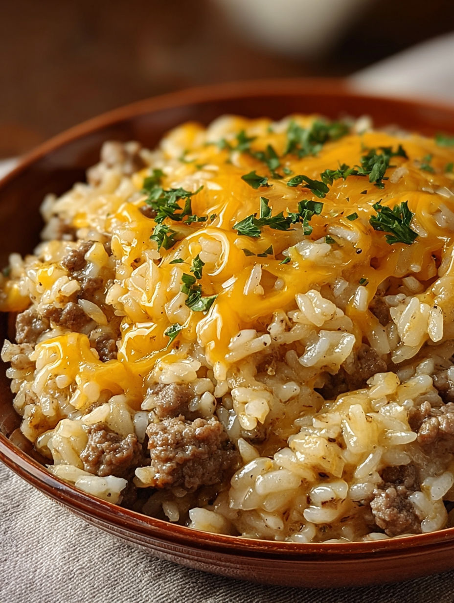 A bowl of rice with cheese and meat.