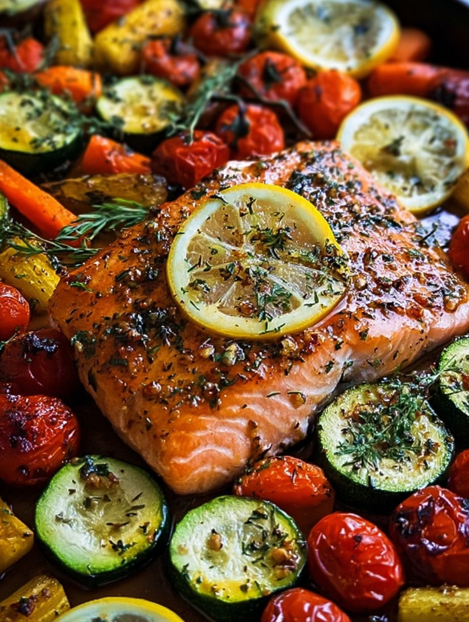 Salmon with lemon and herbs on a plate.