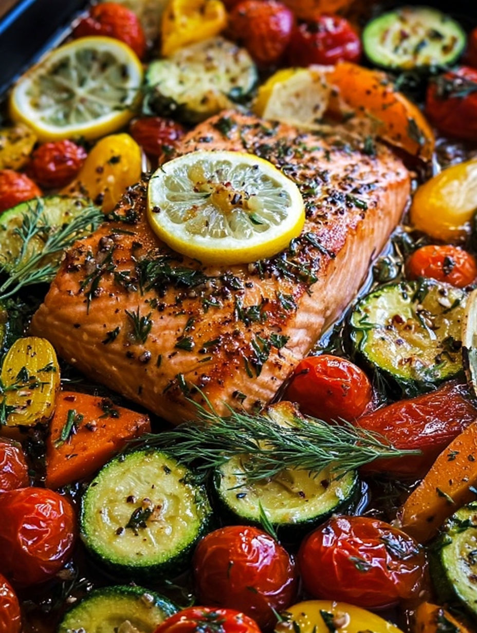 Salmon and veggies with lemon wedges on a plate.