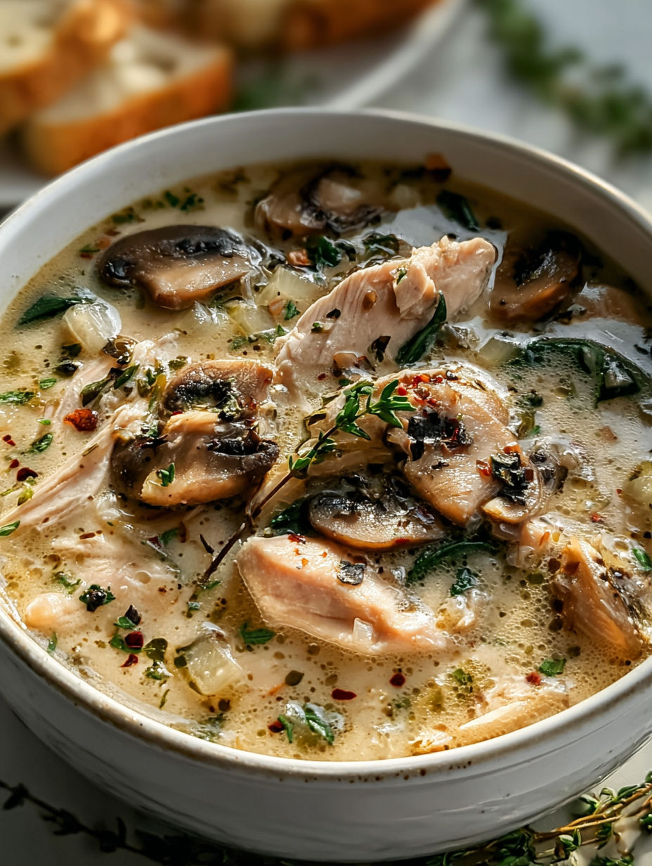 A bowl of soup with mushrooms and chicken.