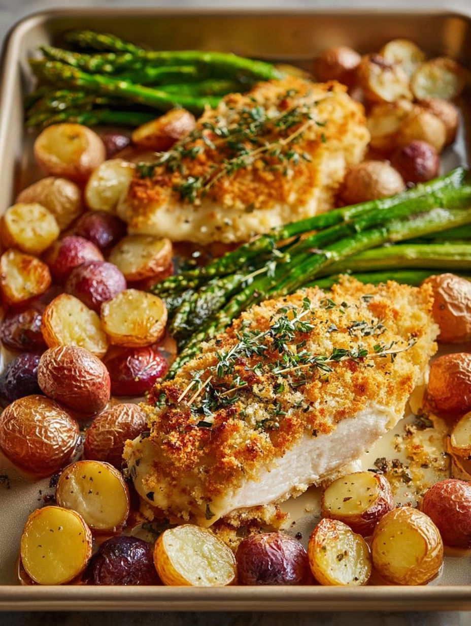 Parmesan crusted chicken resting on a tray.